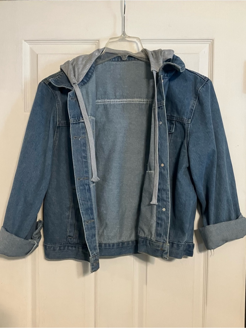 Denim Jean Jacket Gray Hood Detachable Button Up Pockets Washed Medium Blue L